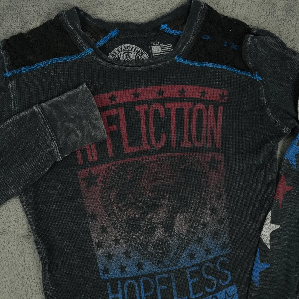 Affliction Thermal Top Womens Small Black Hopeless Romantic Lace Inset Graphic